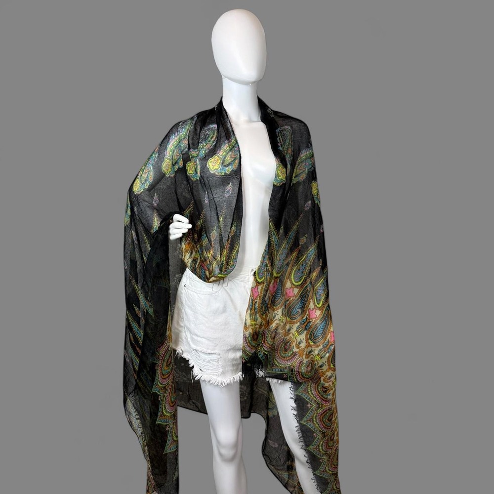 Womens Oversized Paisley Sheer Wrap Scarf Black Multi Color Boho Gauze Shawl - Picture 5 of 8